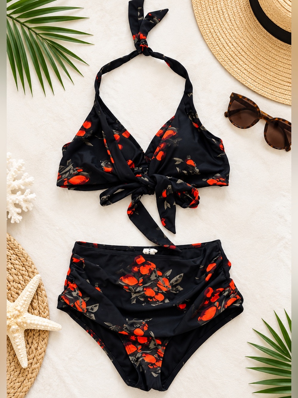 COCOSHIP Black Floral Bikini Set Size 8 Orange Red High Waist Halter Tie Front